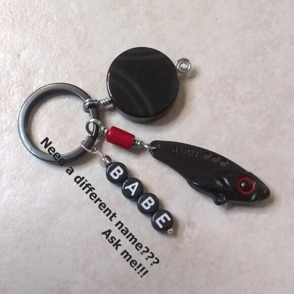 Fishing Dads Gift! Fishing Lure Key Chain - Unisex Black Key Ring w. His Name! - Picture 2 of 9